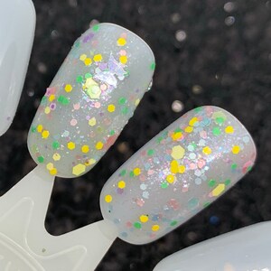 May include: Two light gray nail polish swatches with a variety of small, colorful glitter. The glitter is in shades of yellow, green, pink, and blue.