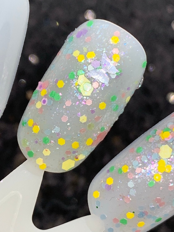 Spring Equinox - Light Pink, Yellow, and Green Glitter Polish Top Coat with Silver Holographic Butterfly Glitter