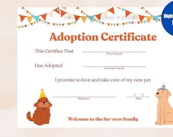 DOG CERTIFICATE of Adoption, Printable Dog Adoption Certificate, Puppy Certificate of Adoption, Digital Download
