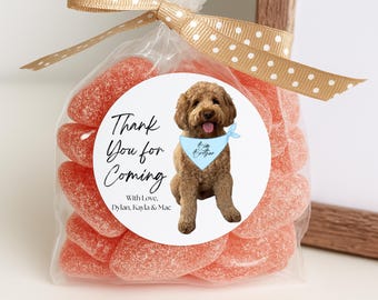 Custom Dog Baby Shower Favor Stickers, Thank You Labels Pink or Blue Baby Shower Decorations, Pet Theme Tags, Party Bag Labels
