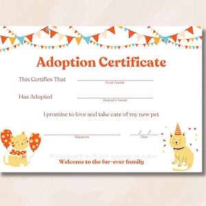 Kitten CERTIFICATE of Adoption, Printable Cat Adoption Certificate, Kitten Certificate of Adoption, Digital Download, Cat Pawty
