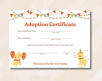 Kitten CERTIFICATE of Adoption, Printable Cat Adoption Certificate, Kitten Certificate of Adoption, Digital Download, Cat Pawty