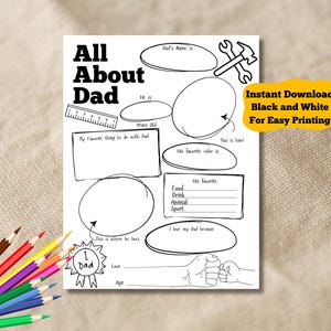 Alles über meinen Vater Fragebogen zum Vatertag Fragebogen Vater Geschenk von Kindern, DIY Vatertag Färbung Karte Aktivität, füllen Sie das leere Arbeitsblatt aus