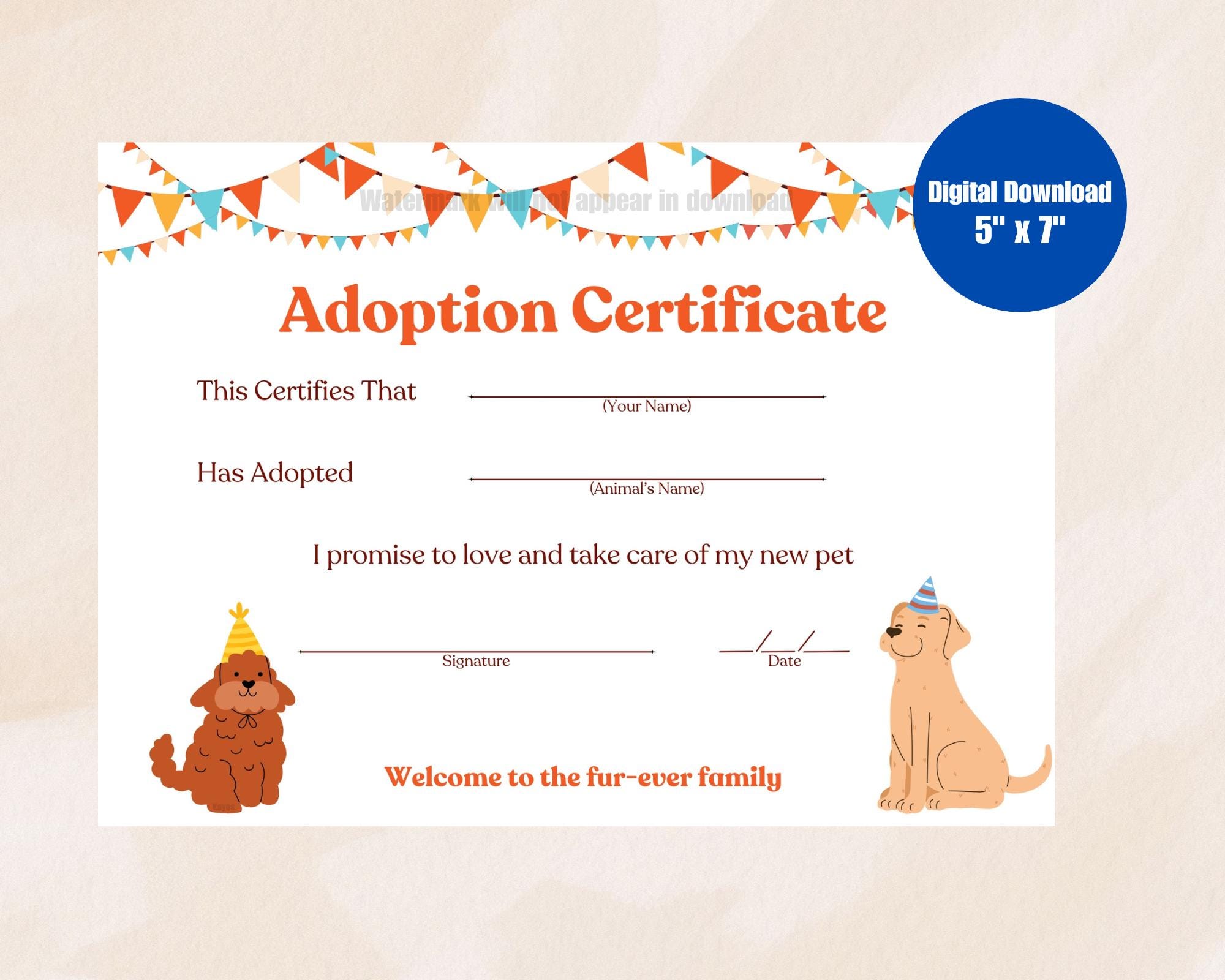DOG CERTIFICATE of Adoption, Printable Dog Adoption Certificate, Puppy ...
