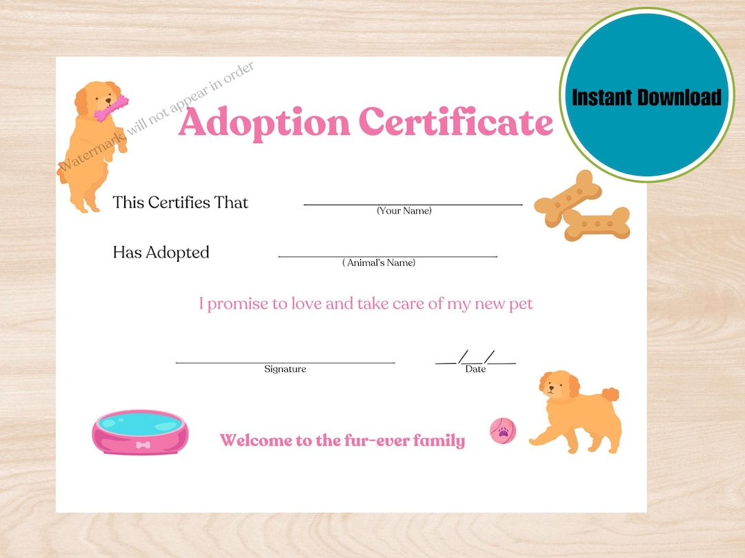 DOG CERTIFICATE of Adoption, Printable Dog Adoption Certificate, Puppy Certificate of Adoption ...