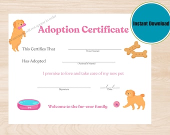 DOG CERTIFICATE of Adoption, Printable Dog Adoption Certificate, Puppy Certificate of Adoption, Digital Download