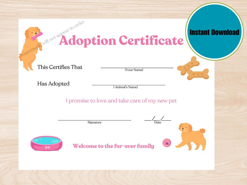 DOG CERTIFICATE of Adoption, Printable Dog Adoption Certificate, Puppy ...
