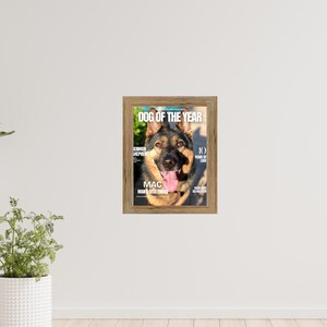 May include: A framed magazine cover featuring a German Shepherd dog named Mac. The cover reads "Dog of the Year" with the dog's face prominently displayed. The frame is a light brown color.