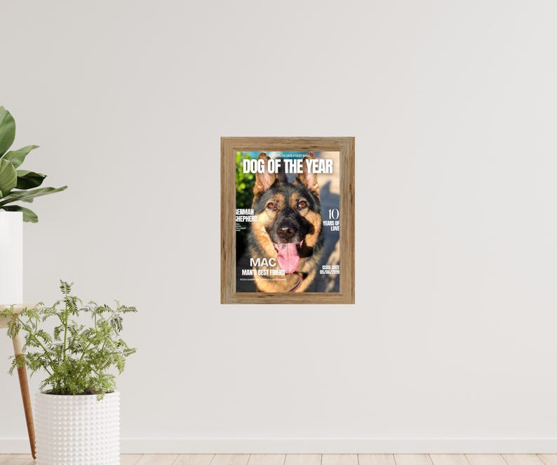 May include: A framed magazine cover featuring a German Shepherd dog named Mac. The cover reads "Dog of the Year" with the dog's face prominently displayed. The frame is a light brown color.