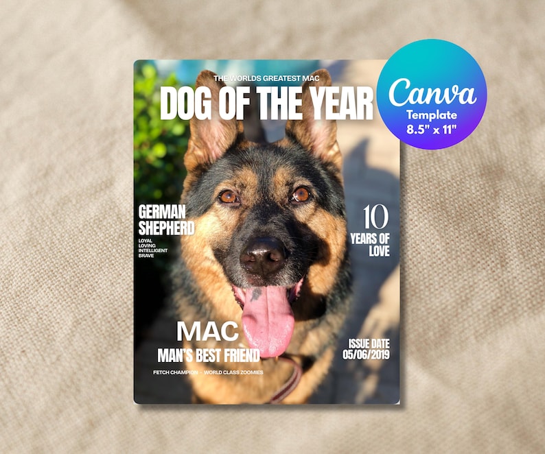 May include: A magazine cover featuring a German Shepherd dog named Mac. The cover reads "Dog of the Year" and "Man's Best Friend." The Canva template is 8.5" x 11". The dog has a black and tan coat and is smiling with its tongue out.
