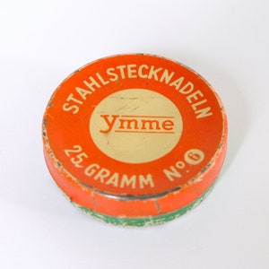 Antique Ymme steel pins No 6 Almost complete! Vintage 30s 40s storage tin can sewing needles accessory