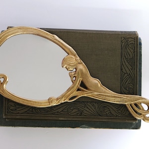 French Art Nouveau mirror antique brass bronze velvet, playful bathroom decoration, vintage vanity mirror antique unique decor