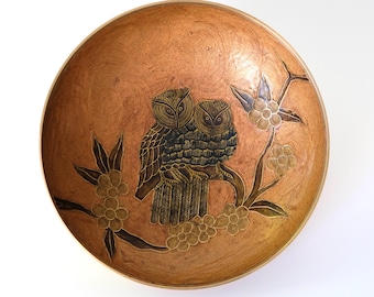 Large Cloisonné Bowl "Owl" large! Vintage Brass Handcrafted Jewelry Key Tray Plate Holder Basket Fruit Basket
