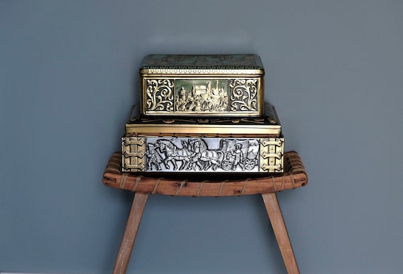 Vintage Blechdose sehr groß, ornamentale Box mit Lithographie, Kästchen Keksdose Dose, Rarität, Dekoration, cookie jar tin box shabby chic