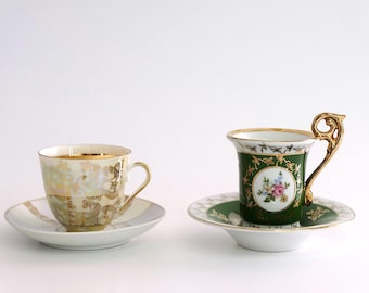 Kleine Edelstein Bavaria Madonna Mokkatasse Tasse und Untertasse Teller Kaffee Tee Becher Perlmutt irisierend Gold Vintage Porzellan