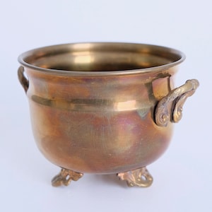 French Vintage Brass Jardiniere with feet and handles small *perfect rainbow patina* flowerpot planter