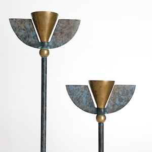 Vintage Paar Verdigris Kerzenhalter Memphis Ära Messing massiv Postmodern Design Kerzenständer Kerzenleuchter heavy patina tarnish wings
