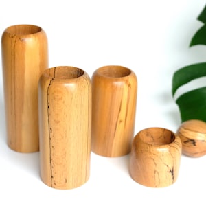 Vintage set of 5 wooden candle holders Karelian birch Mid Century Modern candlestick decoration handmade design Scandinavian Japan minimalist