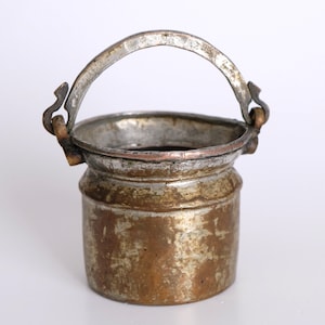 Antique silver plated copper bucket with flat snake head handle hammered handmade copper brass rarity