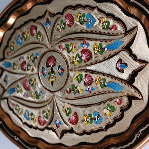 Vintage Erzincanlilar copper & brass tray, elaborate handcraft / wall plate storage tea tray