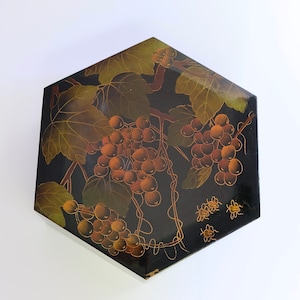 Vintage hexagon wooden lacquer box LARGE! hand-painted, casket, jewelry box, gold bees, grapes