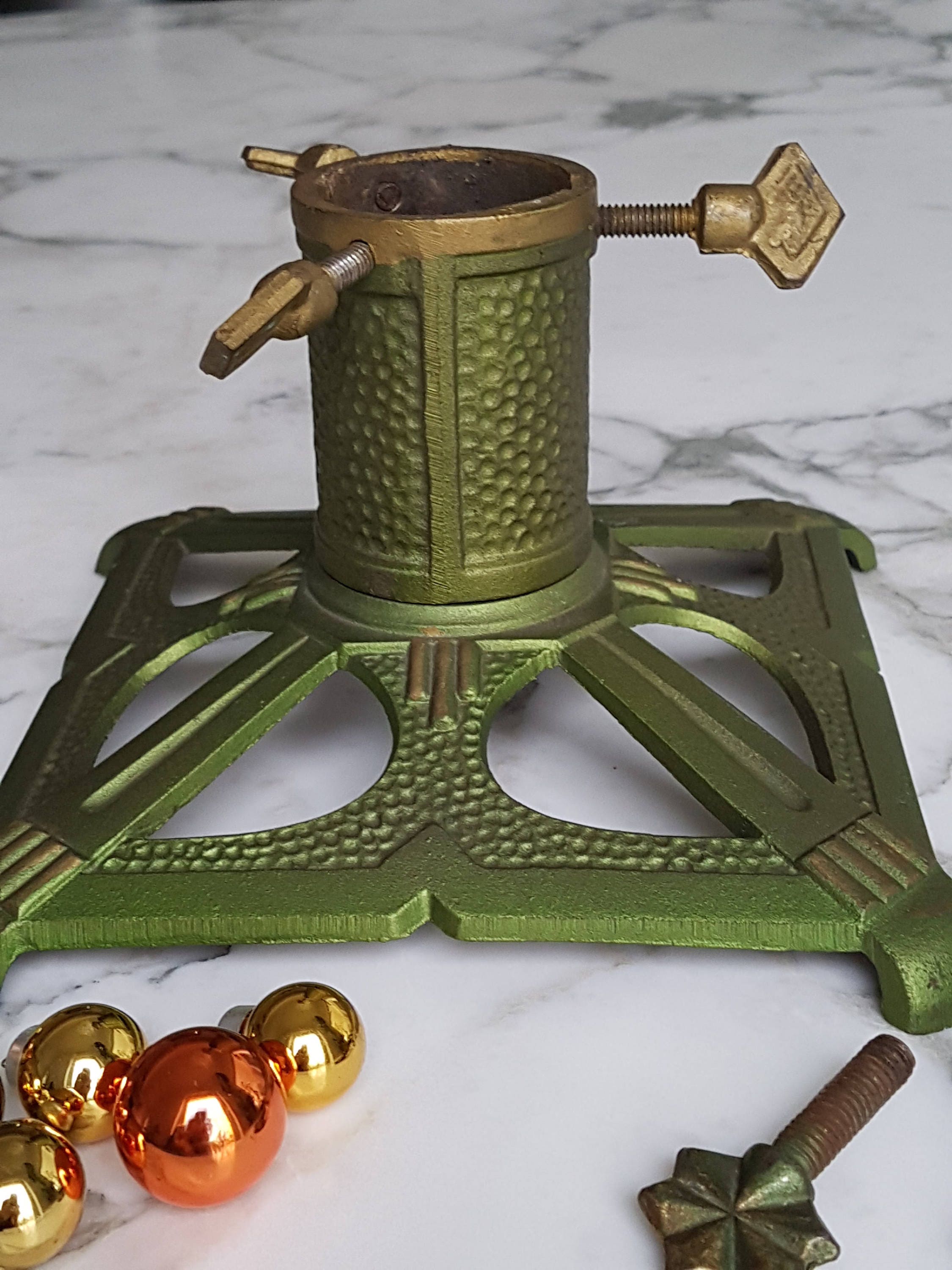 Vintage Christmas Tree Stand Cast Iron Green Gold Tree Holder Etsy
