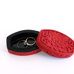 Vintage Chinese Lacquer Box Cinnabar &quot;Lotus&quot; Lacquer Box Red Black Casket Box Trinket Folk Art Floral Carving