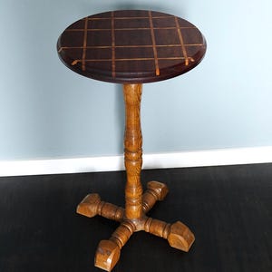Antique pedestal table, wooden tray table, side table, hallway table, storage, wood inlay, pattern, handmade, side table, plant stand
