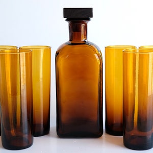 Vintage 60s amber glass decanter and 6 glasses set / new from old stock / Mid Century Modern smoked glass carafe mcm bar accessories