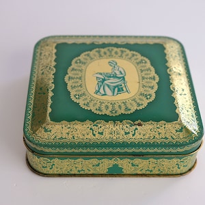 Ornamento in latta vintage Meurisse Bruxelles litografia verde oro scatola bara latta rarità