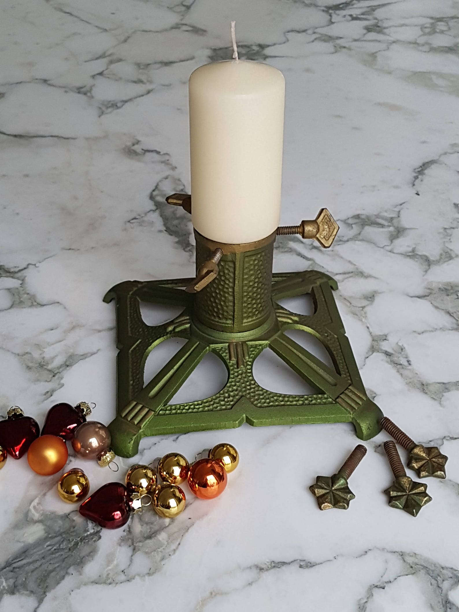 Vintage Christmas Tree Stand Cast Iron Green Gold Tree Holder Etsy