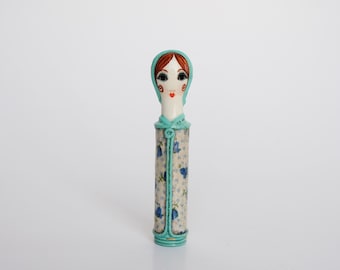 Gemma Taccogna Design Lipstick Holder 60s Mexico Vintage Lady lipstick case Twiggy Face Paper Mache Handmade Handpainted Unique Doll Dolly