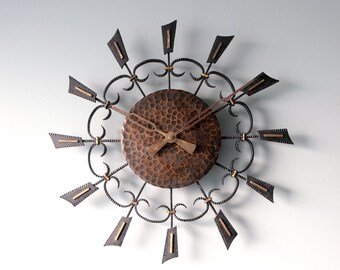 Vintage mid century modern sunburst clock 60s kitchen clock sun office mcm black brass copper metal tip DDR design wall clock decoration!