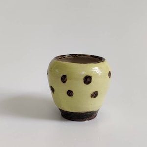 Könnte beinhalten: Ein kleiner, hellgrüner Keramiktopf mit braunen Punkten. Der Topf hat eine abgerundete Form und einen dunkelbraunen Rand.