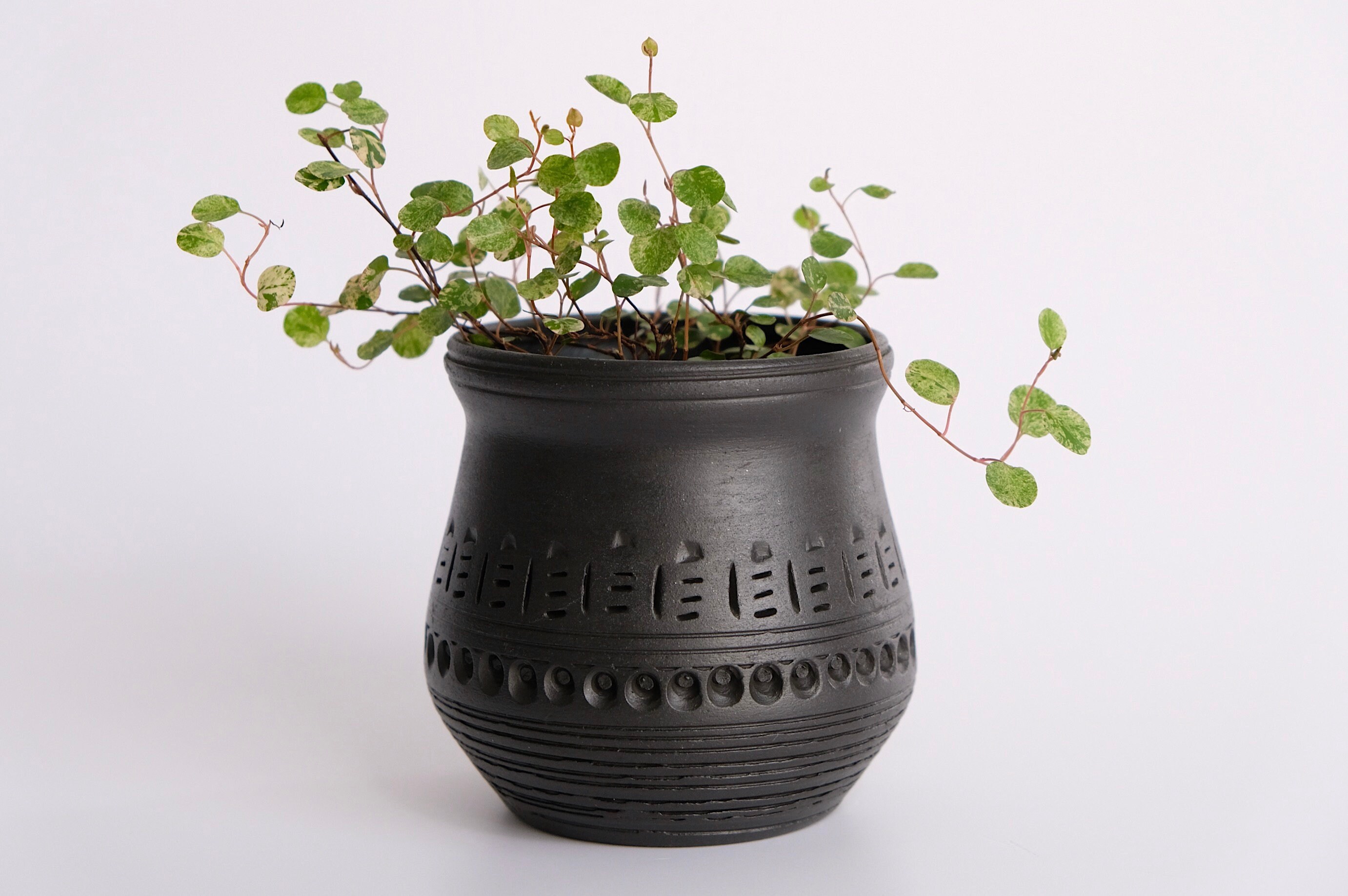 黒い陶器の中型植木鉢 ヴィンテージ植木鉢 花瓶 60年代デザイン クラシックブラック