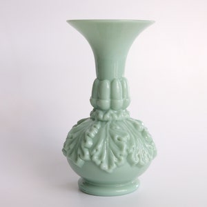 French antique Art Nouveau opaline glass vase, leaf flower relief glass opal glass celadon, jadeite pale green pastel green, absolute rarity!