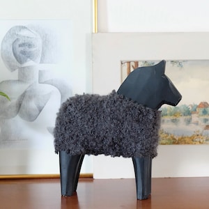 Vintage Dala Horse wood & wool, very large! 26 cm, black gray, Dalarna horse hand-carved, Swedish folklore art design IKEA Dalahest