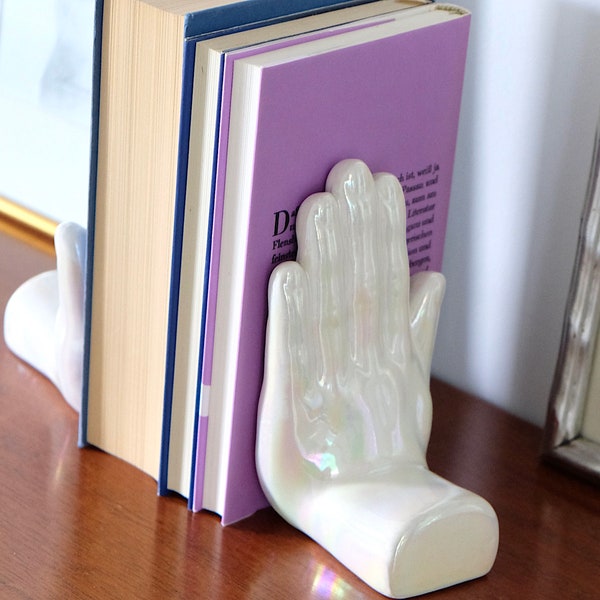 Vintage bookends in iridescent mother-of-pearl look, bookshelf art, 2 hands sculpture, iris glaze, postmodern design, handmade decoration