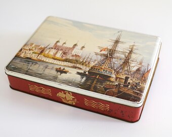 Vintage Blechdose Ornament Box Schatulle Kästchen Dose nautisches Dekor Schiffe Hafen Dekoration Lithographie cookie jar tin shabby alt