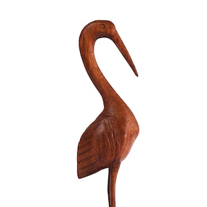 Estatuilla de grulla vintage tallada, ¡pequeña! Estantería de teca, objeto artístico tallado en madera, escultura de pájaro de Tréveris estilizada, hecha a mano en MCM.