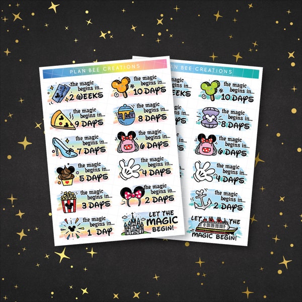 Magic Mouse Family Vacation Park & Cruise Countdown Hand Drawn Doodle Stickers // Deco Planner Stickers for Standard 1.5 inch Wide Planner