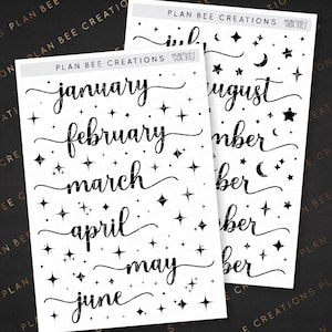 Meses - Fonte Script Grande - Cabeçalhos mensais // Adesivos de diário, adesivos de planejador funcional para diário de marcadores, scrapbooking, agenda TN