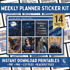 May include: A weekly planner sticker kit with a dark blue and gold theme. The kit includes printable PDF, PNG, and cut files. The design features images of a castle, a shield with an eagle, and a woman. The text includes "Weekly Planner Sticker Kit" and "Instant Download Printables".