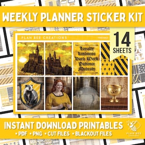 May include: Weekly planner sticker kit with a yellow and black theme. The kit includes 14 sheets of printable stickers with images of a castle, a badger, and a golden trophy. Text includes "Loyalty, Kindness, Hard Work, Patience, Modesty."