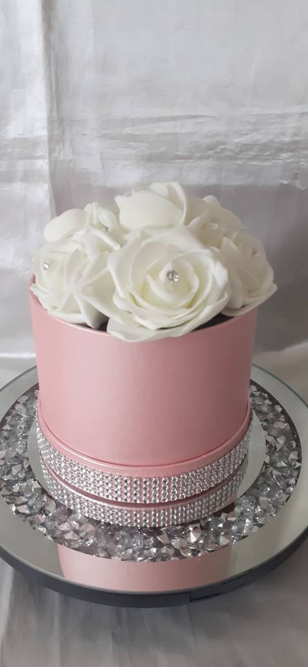 Artificial Flower Hat Box Pink & Ivory Roses With Diamante Wedding