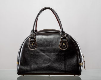 Bowling bag, handmade leather, handstitched, luxury handbag, retro tote, 60 s bag