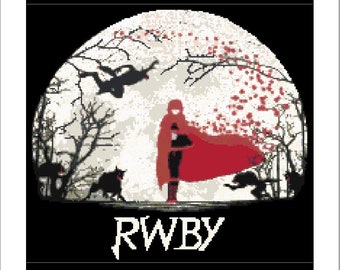 May include: A cross-stitch pattern featuring a scene under a full moon with a figure in a red cloak, black cats, and bare trees. The word "RWBY" is displayed in white. The text "RWBY Beowolf Moon" is also present.