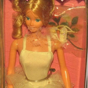 Puede incluir: Una muñeca rubia con un traje de bailarina blanco con falda de tul, empaquetada en una caja rosa etiquetada como Barbie Ballerina. La muñeca tiene ojos azules y viene acompañada de un accesorio de rosa de plástico. El empaque incluye advertencias de seguridad.
