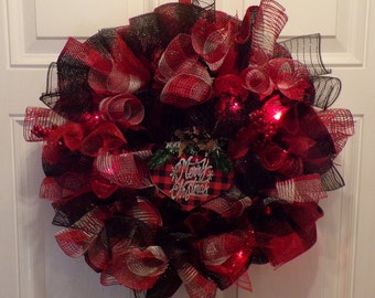 Corona de malla decorativa con cuadros de búfalo de Feliz Navidad