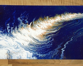 Fluid Acrylic Abstract Painting 30x60cm - Blue, White and Gold
